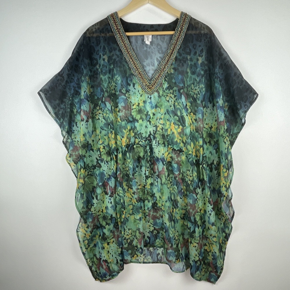 Badgley Mischka Kaftan Top Womens Medium Blue Green Bead Resort Chic Elevated